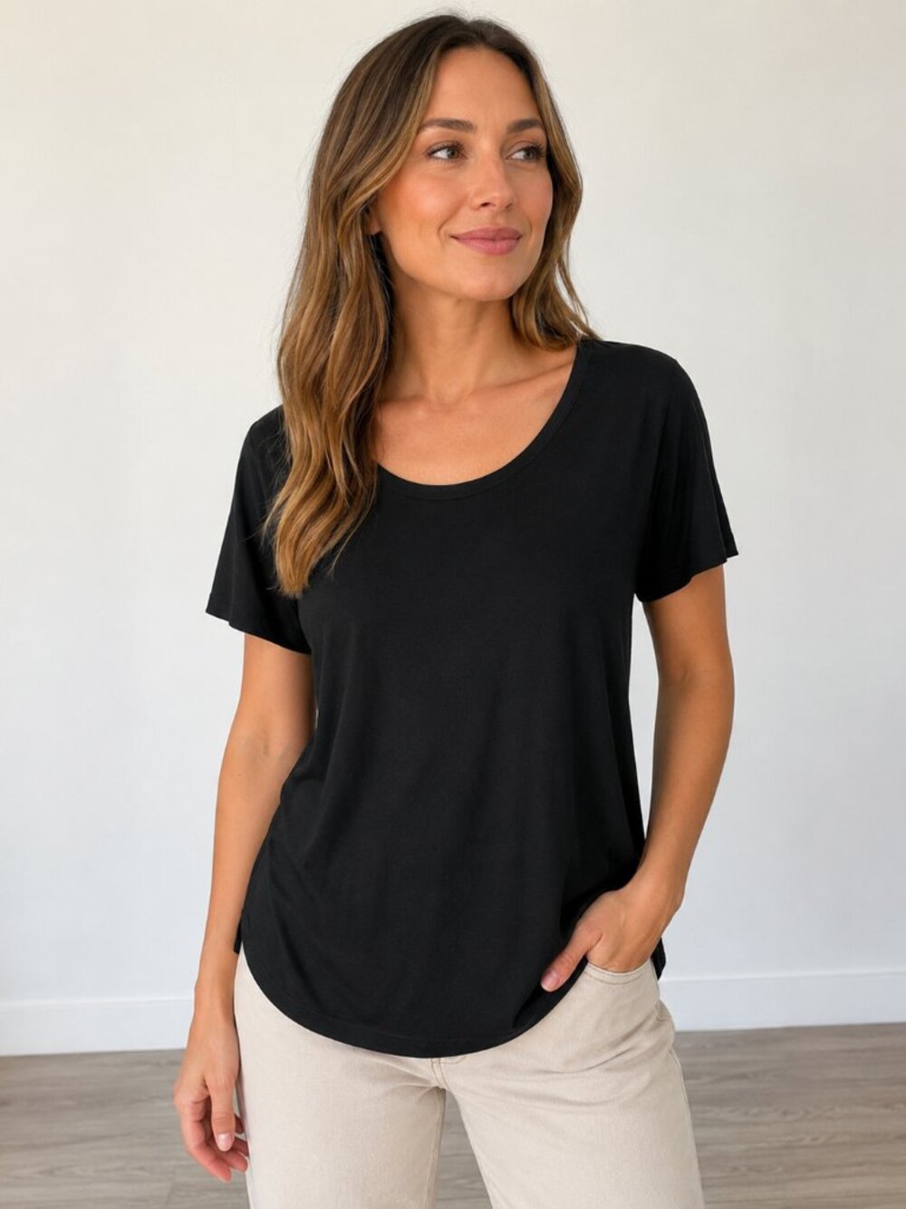 MUK LUKS Cloud Knit Scoop Neck Short Sleeve Tee Black Women’s Small A645300